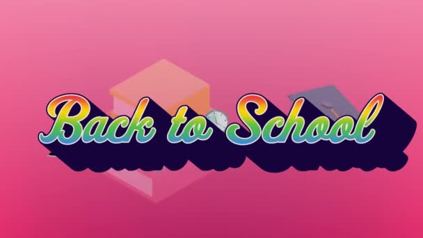 Animation Back School Text School Items Εικονίδια Ροζ Φόντο Έννοια — Αρχείο Βίντεο