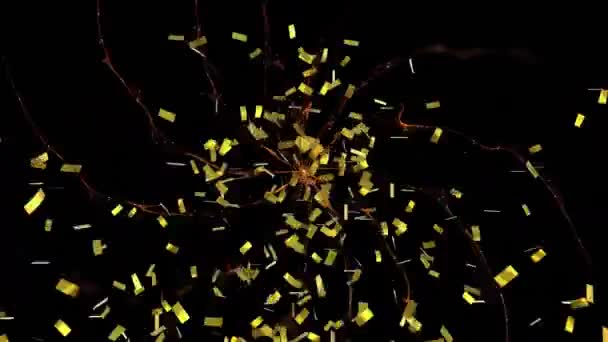 黒い背景に輝くオレンジ色のエネルギーネットワークを持つ金のコンフェッティの落下のアニメーション お祝いパーティーエネルギーイベントのコンセプトデジタルで生成されたビデオ — ストック動画