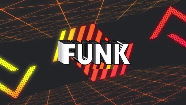 Κινούμενο Κείμενο Funk Πάνω Από Πολύχρωμα Σχήματα Και Πορτοκαλί Πλέγμα — Αρχείο Βίντεο