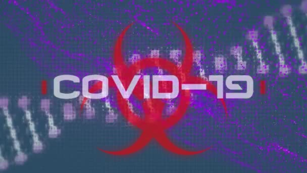 Tekst Covid Nad Symbolem Zagrożenia Biologicznego Nad Strukturą Dna Fioletową — Wideo stockowe