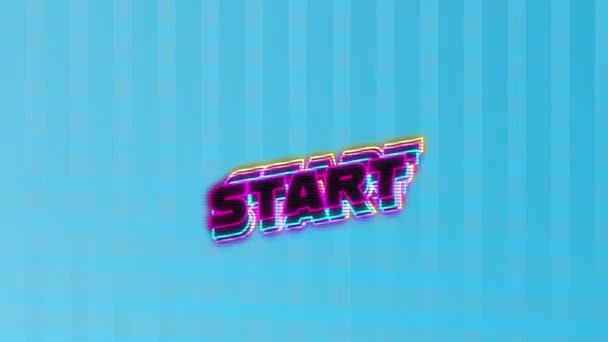 Digital Animation Neon Start Text Shadow Effect Stripes Blue Background — Stock Video
