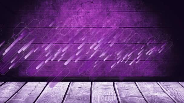 Digital Animation Purple Light Trails Falling Wooden Surface Purple Background — Stock Video