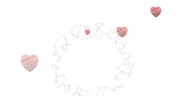 抽象的几何图形旋转在多个红心图标上 落在白色背景上 情人节与爱的概念 — 图库视频影像
