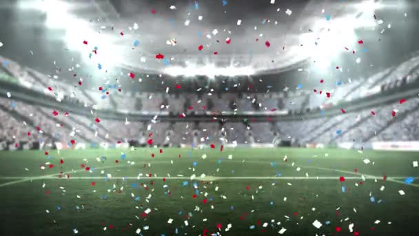 Animation Von Blauem Und Rotem Konfetti Das Über Das Sportstadion — Stockvideo