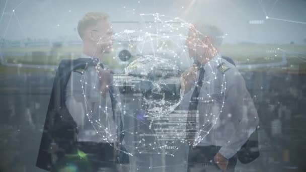 Globe Network Connections Two Caucasian Pilots Talking Each Other Airport — Stock Video