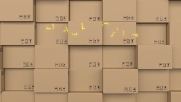 霓虹灯黄色的闪光销售文字横幅相对于背景下的递送盒堆栈 销售折扣和运输业务概念 — 图库视频影像