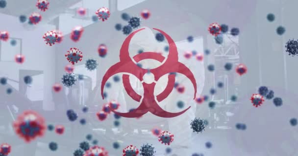 Biohazard Symbool Covid Cellen Een Groep Van Gezondheidswerkers Het Reinigen — Stockvideo