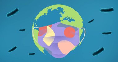 Küre üzerindeki yüz maskesi ve mavi arka plandaki hücrelerin bileşimi. küresel covid 19 salgın konsepti dijital olarak oluşturulmuş görüntü.