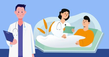 Mavi arka planda doktor ve hasta ikonlarının kompozisyonu. Grip, hastalık, virüs ve aşı konsepti dijital olarak oluşturulmuş görüntü.