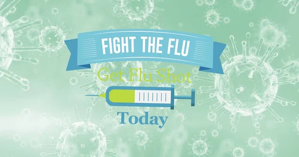 Grip Metni Şırınga Ikonu Ile Yeşil Arka Plandaki Virüs Hücreleri — Stok fotoğraf