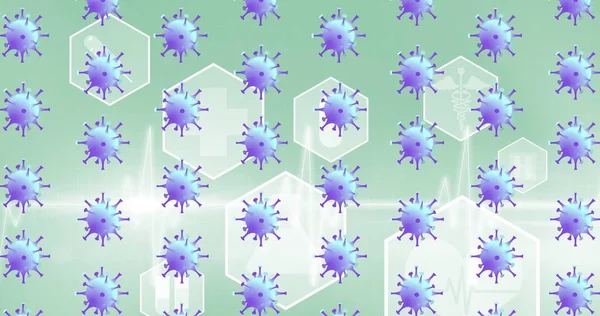 緑の背景にデジタルアイコン上のCovid 19ウイルス細胞の組成 グローバルCovid 19パンデミックの概念デジタルで生成された画像 — ストック写真