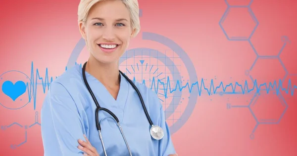 Samenstelling Van Portret Van Vrouwelijke Arts Cardiogram Rode Achtergrond Digitaal — Stockfoto