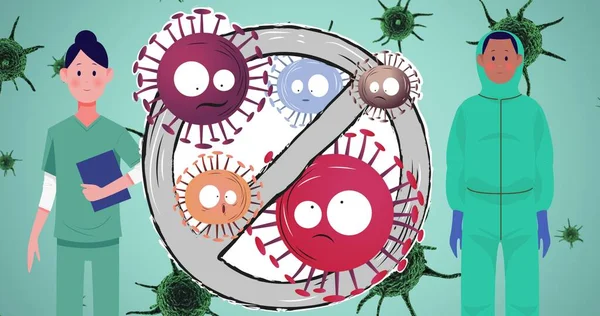 Σύνθεση Των Κυττάρων Covid Πινακίδα Απαγόρευσης Και Γιατροί Εικονίδια Πάνω — Φωτογραφία Αρχείου