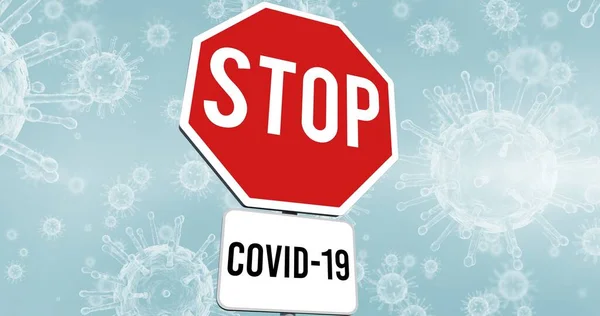 Samenstelling Van Covid Tekst Stop Teken Viruscellen Blauwe Achtergrond Global — Stockfoto