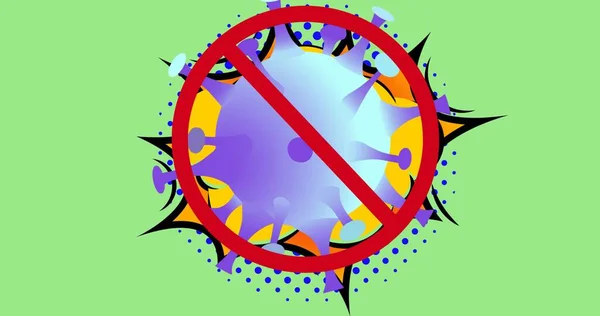 Yeşil Arka Planda Yasak Işareti Olan Covid Virüs Hücresinin Bileşimi — Stok fotoğraf