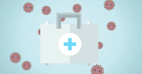 Skład Apteczki Pierwszej Pomocy Nad Komórkami Wirusa Covid Niebieskim Tle — Zdjęcie stockowe
