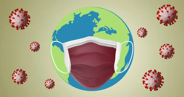 Samenstelling Van Gezichtsmasker Hele Wereld Covid Viruscellen Gele Achtergrond Global — Stockfoto