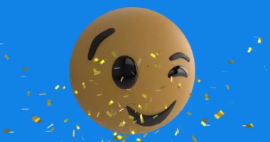 Mavi arka planda, göz kırpan yüz emojisinin üzerine düşen altın konfetilerin dijital animasyonu. ifade ve iletişim kavramı