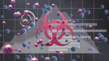 Biyolojik tehlike sembolü ve yuvarlak tarayıcı ve grafiklere karşı yüzen çoklu covid 19 hücreleri. Coronavirus covid-19 salgın konsepti