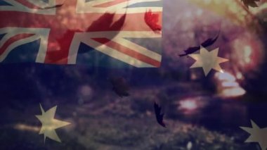 Birçok sonbahar yapraklarının üzerine düşen İran bayrağının dijital bileşimi. Sonbahar mevsimi konsepti