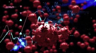 Siyah zemin üzerinde finansal veri işleme karşı çoklu covid-19 hücrelerinin dijital animasyonu. Coronavirus covid-19 salgın konsepti
