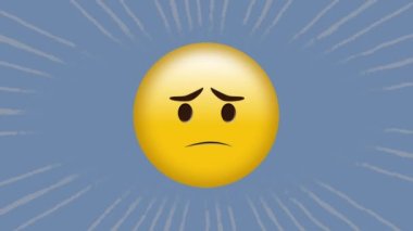 Mavi arka planda hareket eden radyal ışınlara karşı üzgün surat emojisinin dijital animasyonu. ifade ve iletişim kavramı