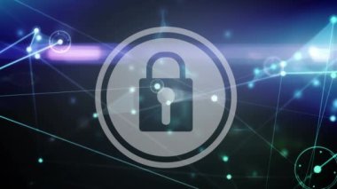 Mavi arkaplandaki asma kilit ikonu üzerinden bağlantı ağının dijital animasyonu. küresel ağ ve siber güvenlik teknolojisi kavramı