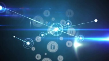 Mavi arkaplandaki çoklu güvenlik kilidi simgeleri üzerinden bağlantı ağının dijital animasyonu. küresel ağ ve siber güvenlik teknolojisi kavramı