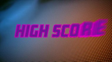 Mor yüksek skorlu metnin dijital animasyonu noktalı desenli gradyan arkaplana karşı. Video oyunu arayüzü ve teknoloji kavramı
