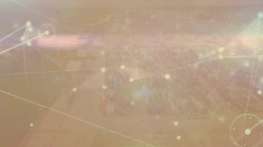 Şehir manzarasının havadan görüntüsüne karşı bağlantı ağının dijital bileşimi. küresel ağ ve teknoloji kavramı