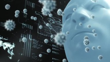 Veri işleme ile dijital arayüze karşı insan yüzü modeli üzerinde çoklu covid-19 hücreleri. Coronavirus covid-19 salgın konsepti