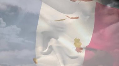 Sonbahar yaprakları üzerinde bayrak sallayan Fransa 'nın dijital bileşimi gökyüzündeki bulutlara doğru düşüyor. Sonbahar mevsimi konsepti