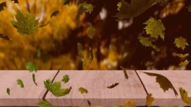 Ormana karşı ahşap yüzeyde yüzen çoklu sonbahar yapraklarının dijital animasyonu. Sonbahar mevsimi konsepti