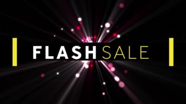 Siyah arkaplandaki pembe ışık noktalarıyla flash-sell metin afişinin dijital animasyonu. satış indirimi ve perakende iş konsepti