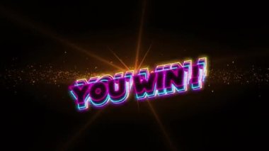 Neonun dijital animasyonu siyah arkaplanda parlayan kırmızı yıldızın üzerinde gölge etkisi yaratarak metni kazanırsınız. Video oyunu arayüzü ve teknoloji kavramı