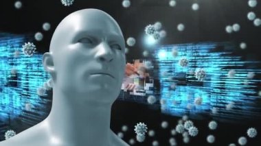 İnsan yüzü modelinin dijital animasyonu ve veri işleme sistemli ekranlara karşı covid-19 hücreleri. Coronavirus covid-19 salgın konsepti