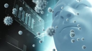 Veri işlemeye karşı insan yüzü modeli üzerinde yüzen çoklu covid-19 hücrelerinin dijital animasyonu. Coronavirus covid-19 salgın konsepti