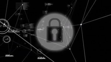 Siyah arkaplandaki asma kilit ikonu üzerinden bağlantı ağının dijital animasyonu. küresel ağ ve siber güvenlik teknolojisi kavramı