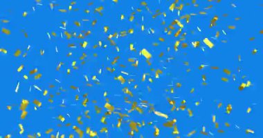 Soyut geometrik şekillerin üzerine düşen altın konfetilerin dijital animasyonu mavi arka planda. ifade ve iletişim kavramı