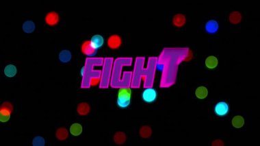 Siyah arkaplandaki renkli ışık noktalarıyla mor dövüş metninin dijital animasyonu. Video oyunu arayüzü ve teknoloji kavramı