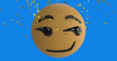 Sırıtan surat ifadesinin üzerine düşen altın konfetilerin dijital animasyonu mavi arka planda. ifade ve iletişim kavramı