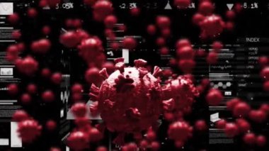 Çoklu çoklu covid-19 hücrelerinin dijital animasyonu veri işleme ile birlikte birden fazla ekranın üzerinde yüzüyor. Coronavirus covid-19 salgın konsepti