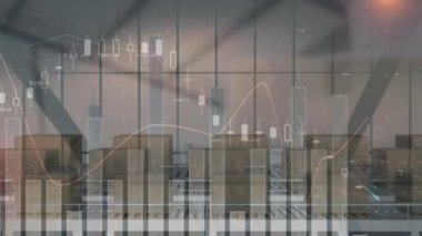 İstatistiksel veri, depoya karşı taşıyıcı banttaki birden fazla kutu üzerinde işlem yapıyor. lojistik ve ulaşım sektörü kavramı