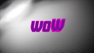 Mor wow metninin dijital animasyonu noktalı desenli gri arkaplana karşı. Video oyunu arayüzü ve teknoloji kavramı