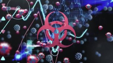 Biyolojik tehlike sembolü ve birden fazla covid-19 hücresi kara fon üzerinde finansal veri işleme üzerinde. Coronavirus covid-19 salgın konsepti
