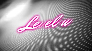 Noktalı desenli gri arkaplana karşı neon pembe seviye üst metin dijital animasyonu. Video oyunu arayüzü ve teknoloji kavramı