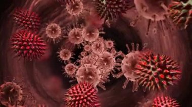 Kırmızı zemin üzerinde yüzen çoklu kırmızı covid-19 hücrelerinin dijital animasyonu. Coronavirus covid-19 salgın konsepti