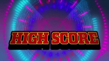 Mor zemin üzerinde parıldayan neon tarayıcıya karşı yüksek skorlu metnin dijital animasyonu. Video oyunu arayüzü ve teknoloji kavramı