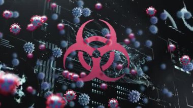 Biyolojik tehlike sembolü ve çoklu covid-19 hücreleri dijital arayüz üzerinde veri işleme ile birlikte yüzüyor. Coronavirus covid-19 salgın konsepti
