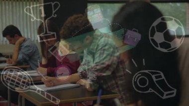 Üniversitede okuyan bir grup üniversite öğrencisine karşı birden fazla spor konsepti ikonu. kolej ve eğitim konseptine dönüş